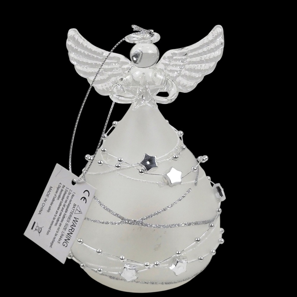 K&K Interiors Glass LED Angel Ornament Light Up Frosted Silver 5" NWT Needs Batt